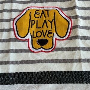 Striped Gray Dog Dishtowel with Dog Motif NWOT 100% Cotton Dog Eat Play Love
